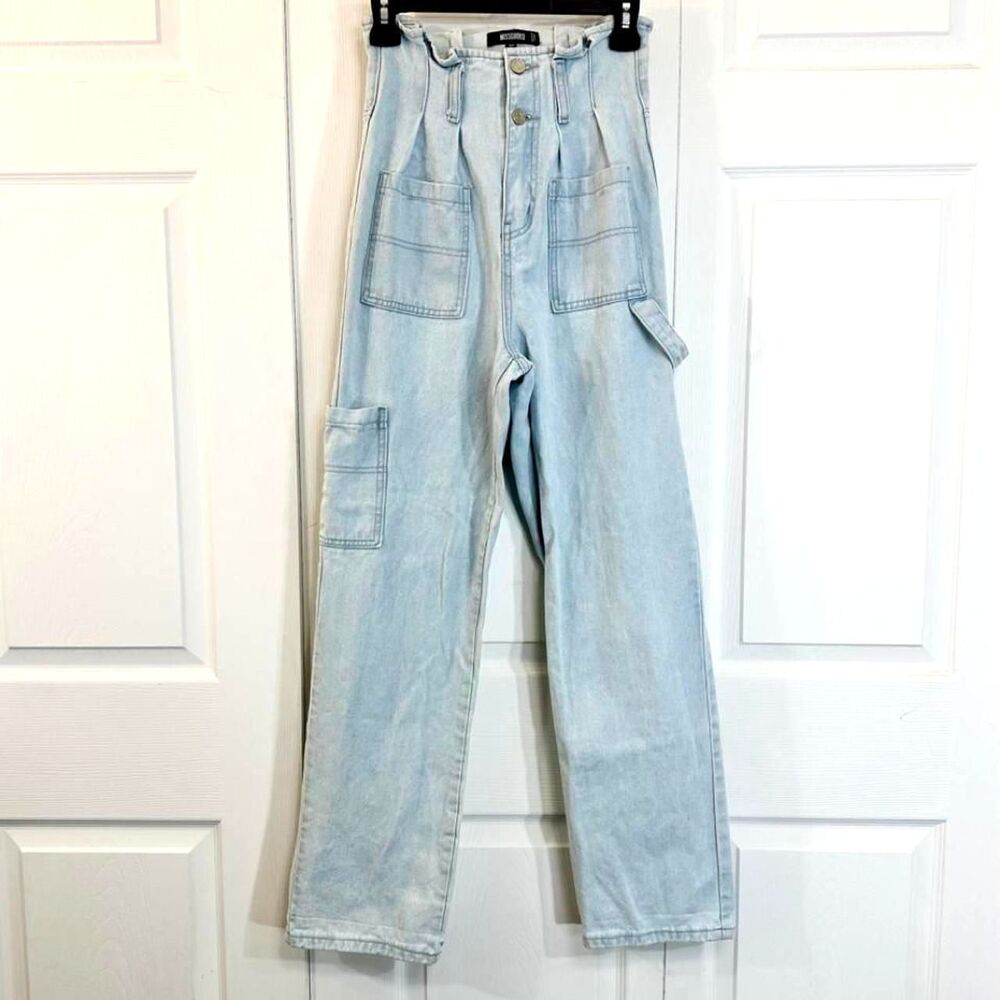 Missguided Light Wash Cargo High Rise Utility Straight Leg Jeans